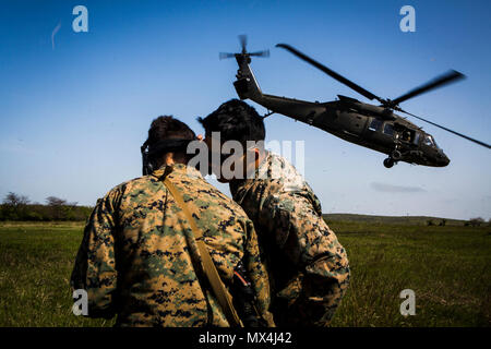 US Marine Sgt. Viktor Cadiente, ein vorwärts Beobachter mit Schwarzmeer Rotations Kraft 17.1, lehrt Lance Cpl. Tyler Holloway, ein Schütze mit Marine Rotations Kraft Europe 17.1, wie Aufruf eine Landung der US-Armee UH-60 Blackhawk Hubschrauber über das Radio während der Übung Platinum Eagle 17.2 bei Babadag Training Bereich, Rumänien, 30. April 2017. Marines mit MRF-E und BSRF beteiligen sich Übung Platinum Eagle 17.2, eine multilaterale Übung statt mit NATO-Verbündeten und Partnernationen um Interoperabilität und Wirksamkeit zu verbessern. Strong-NATO-Beziehungen sind wichtig, nicht nur europäische Sicherheit, Stockfoto