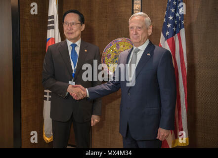 180602-N-OU 129-525 Singapur (2. Juni 2018) Verteidigungsminister Jim Mattis erfüllt mit der Republik Korea Minister für Nationale Verteidigung Song Young-Moo am Shangri-La-Dialog 2018 Juni 2. Das Shangri-La Dialog, die jährlich von der unabhängige think tank gehalten, dem Internationalen Institut für Strategische Studien (IISS) ist ein inter-Governmental Security Forum die von Verteidigungsminister und Vertreter aus mehr als 50 Nationen besucht wird. (U.S. Marine Foto von Mass Communication Specialist 2. Klasse Josua Fulton/Freigegeben) Stockfoto