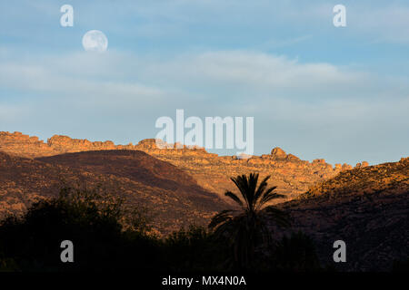 Abnehmende Mond bei Sonnenaufgang über den Cederberg Mountains in Südafrika Stockfoto