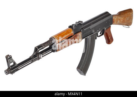 Seltene erste Modell AK 47 Sturmgewehr isoliert auf weißem Stockfoto