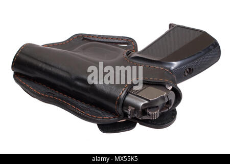 Russische Pistole PMM-Makarov in einem Holster auf weißem Hintergrund Stockfoto