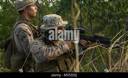 AUSTRALIAN ARMY BASE ROBERTSON KASERNEN, Darwin-US-Marines mit 3Rd Battalion, 4th Marine Regiment, 1st Marine Division, Marine Drehkraft Darwin, bieten Sicherheit während einer Patrouille, 4. Mai 2017. Ausbildung in Australien gibt der Infanterie Marines eine tolle Möglichkeit, um mehr über Verfahren Landschaften durch wie viel schwieriger ist es, die wichtigsten Punkte im Gelände zu erkennen zu lernen. Stockfoto