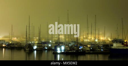 Oslo Hafen und Yachten im Nebel in der Nacht. Stockfoto
