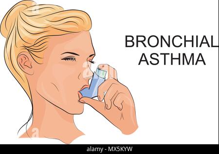 Abbildung: Frauen leiden unter Asthma bronchiale mit einem Inhalator Stock Vektor