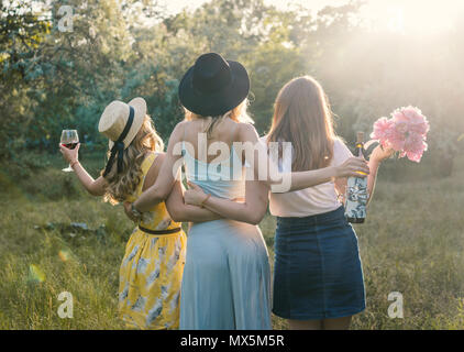 Gruppe von Mädchen Freunde machen ein Picknick im Freien. Sie haben Spaß Stockfoto