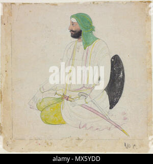 . Englisch: Diese Zeichnung in Tinte auf Papier erfolgt ist leicht in Wagenfarbe lackiert und Termine zu C. 1835-45. Es zeigt eine Sikh Sardar, ein Titel ursprünglich bedeutet "häuptling" oder "häuptling" in Persisch, aber das kam, die routinemäßig für Sikh Männer einer bestimmten Rang verwendet werden. Das Porträt war vermutlich in Lahore und Amritsar, die grossen Städte des Sikh Königreich von Maharaja Ranjit Singh 1801 und die überlebten, bis der Panjab war im Anhang festgelegt, um das Britische Empire im Jahre 1849 getan. Die panjab (wörtlich "fünf Flüsse') wurde später in zwei nach der Teilung des indischen Subkontinents 1947 unterteilt Stockfoto