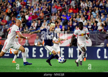 Foxborough Massachusetts, USA. 2. Juni 2018. New England Revolution vorwärts Diego Fagundez (14) in Action während der MLS-Spiel zwischen den New York Red Bulls und den New England Revolution im Gillette Stadium in Foxborough Massachusetts. Die Revolution besiegen die Red Bulls 2-1. Eric Canha/CSM/Alamy leben Nachrichten Stockfoto