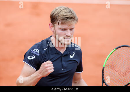 David Goffin (BEL), 2. JUNI 2018 - Tennis: David Goffin Belgien reagiert während der Herren Einzel dritte Runde der French Open Tennis Turnier gegen Gael Monfils von Frankreich an der Roland Garros in Paris, Frankreich. (Foto von Lba) Stockfoto