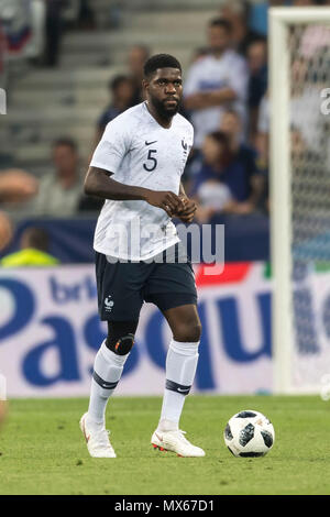 Samuel Umtiti von Frankreich während der internationalen Freundschaftsspiel zwischen Frankreich 3-1 Italien bei der Allianz Riviera Stadium am Juni 01, 2018 in Nizza, Frankreich. (Foto von Maurizio Borsari/LBA) Stockfoto