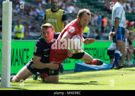 Twickenham, Vereinigtes Königreich, 3. Juni 2018, HSBC London Sevens Serie, Spiel 27 Trophy Viertelfinale, Russland vs Schottland Russisch, Marcos POGGI, berührt, unten in der Ecke, Rugby 7, an der RFU-Stadion, Twickenham, England gespielt, © Peter SPURRIER/Alamy leben Nachrichten Stockfoto