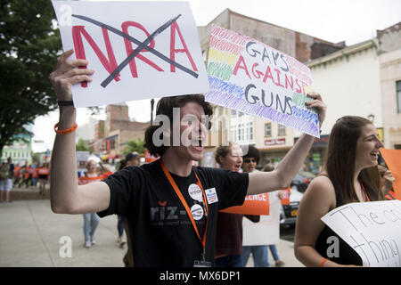 Poughkeepsie, New York, USA. 3. Juni 2018. Arlington High School junior Jacob Gaines hält Zeichen, einer Lesung'' Schwule gegen Waffen, '' während einer März für Pistole - Gesetz zur Reform und Schule Sicherheit am Sonntag, 3. Juni 2018, in der Nähe der Wandgemälde Square Park in Poughkeepsie, New York. Credit: Ben Moffat/über ZUMA ZUMA Kabel/Kabel/Alamy leben Nachrichten Stockfoto