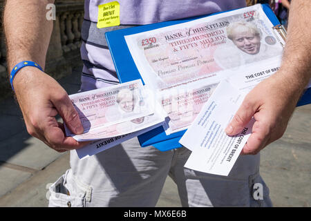 Badewanne, UK, 3. Juni, 2018. Ein Freiwilliger aus der Badewanne für Europa Gruppe ist dargestellt mit einer Handvoll Boris Geld, die gefälschte Banknoten in Bezug auf die £ 350 m, die Boris Johnson sagte verwendet werden könnte, um die NHS zu finanzieren, sobald die britischen Blätter der EU waren. Badewanne für Europa, einem nicht-partei-politische Gruppe von Freiwilligen, die sich für das Vereinigte Königreich im Herzen der Europäischen Union zu bleiben, sie sind auch eine Kampagne für einen Menschen auf der abschließenden Brexit beschäftigen. Credit: lynchpics/Alamy leben Nachrichten Stockfoto