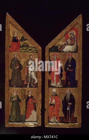 . Die beiden Flügel eines Triptychons: Engel aussendet, mit heiligen Franziskus, Johannes der Täufer, Katharina von Alexandria und Maria Magdalena (linker Flügel); Jungfrau Aussendet, mit Heiligen Hieronymus, Augustinus, Gregor und Anthony Abt. Zwischen 1368 und 1400 102 Brooklyn Museum - Zwei Flügel eines Triptychons - Guglielmo Veneziano Stockfoto