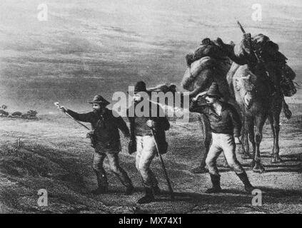 . Deutsch: Die Rückreise. Ölgemälde von Nicholas Chevalier (1868). Englisch: Burke und Wills und König auf dem Weg zurück von der Golf von Carpentaria. vor 1868 (15. August 2010 umgebaut). Burke und Wills Nicholas Chevalier.jpg: Kupferstich von Nicholas Chevalier (gestorben 1902) Abgeleitete Arbeit: saibo (Δ) 105 Burke und Wills Nicholas Chevalier-3 Stockfoto