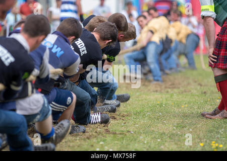 Cornhill, Schottland - 02 Jun 2018: Tauziehen bei den Highland Games in Cornhill, Schottland. Stockfoto