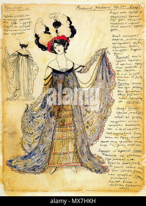 . Design für eine dekadente Kleid für Frau Legar 1910. Aquarell, bronze Farbe und Tusche auf Papier an Bord. 30,8 x 23,3 cm. Bakhrushin State Theater Museum. Moskau. Rusia. 1910. Bakst 157 dekadenten Kleid für Frau Legar durch L. Bakst (1910) Stockfoto