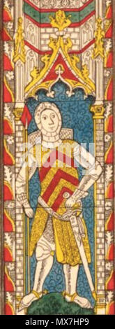 . Čeština: de Clare Graf. 1802. "Eines der Fenster im Chor von Tewkesbury Abbey Church", Radierung und Aquatinta mit hand Färbung, von der Britischen antiquarian Samuel Lysons, von den "eine Sammlung von Gloucestershire Antiquitäten, die von Lysons 1852 veröffentlicht. Fenster zeigt vier Panels mit Ritter, in denen jeweils ein Schwert oder Speer. Das Wappen der de Clare Familie ist sichtbar auf der Ritter. 432 mm x 274 mm. Mit freundlicher Genehmigung des British Museum, London - Samuel - 1802 157 DeClareearl Lysons Stockfoto