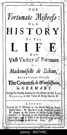 . Englisch: Titelblatt der ersten Ausgabe von Roxana in 1724. 7 November 2014, 23:55:41. Unbekannt 157 Defoe Roxana Stockfoto