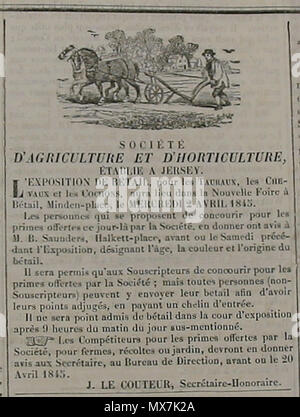 . Werbung für Royal Jersey landwirtschaftliche und gartenbauliche Gesellschaft Landwirtschaft zeigen von der Zeitung Le Constitutionnel vom 29. März 1845. 11. Februar 2007. Mann vyi 530 Royal Jersey landwirtschaftliche und gartenbauliche Gesellschaft 2 Avril 1845 Stockfoto