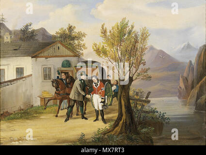 . Erzherzog Johann und Anna Plochl vor dem Postmeistershaus am Grundlsee, Illustr. Von einer Bilderuhr, 19. Jahrhundert, Bildausschnitt 40 x 56 cm. 19. Anonym 195 Erzherzog Johann und Anna Plochl (Bilderuhr) 19 Jh Stockfoto