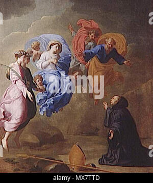 . Die Erscheinung der Jungfrau mit St. Agnes und St. Pius St. Martin. Englisch: ERSCHEINUNG DE LA VIERGE ACCOMPAGNEE DE SAINTE AGNES ET DE SAINTE THECLE EIN SAINT MARTIN, DIT AUTREFOIS ERSCHEINUNG DE SAINTE SCHOLASTIQUE EIN SAINT BENOIT. 15. Juli 2012. 199 Eustache Le Sueur Eustache Le Sueur - Erscheinung de la Vierge Stockfoto