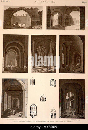 . Alexandria alte Zeichnungen. Bitte überprüfen Sie die Datei Namen. Bitte überprüfen Sie die Dateinamen 160 Description de l'Egypte, Etat Moderne II, Platte 90, Ansichten und Pläne der Türme im Stromkreis der alten Mauern, C., 1798, in der panckoucke Ausgabe 1821-9 veröffentlicht. Stockfoto