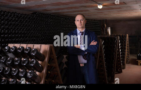 Zuversichtlich erfolgreiche Mann Winzer im eigenen Weingut vault Posing Stockfoto