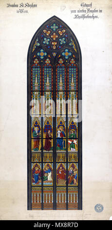 . Entwurf zum vierten Fenster im Apostelchor des Doms St. Stephan, Wien (1864), Gouache und schwarze Feder über Bleistift auf Karton, 100 x 52,5 cm (hl. Andreas, Madonna mit Art, Engel mit Wappen von Österreich und Wien); Fenster 1945 zerstört. 1864. Friedrich von Schmidt (1825-1891) 229 Friedrich von Schmidt Stephansdom Entwurf zum vierten Fenster im Apostelchor Stockfoto