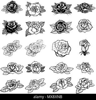 Satz von Tattoo Style Rosen Illustrationen. Design Element für Zeichen, Abzeichen, Aufkleber, Poster, Karte. Vektorbild Stock Vektor