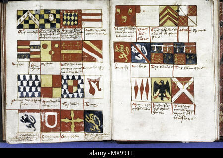 . Englisch: Gründer und Stifter Buch von Tewkesbury Abbey: Deutsch-Japanisches Wörterbuch erklärt die Vierteilung des Shields: 27 Quadratmeter heraldischen Panels mit Namen ihrer Träger. ca. 1525. Unbekannt 214 Gründer Buch von Tewkesbury Abbey, Rahmen 25 Stockfoto