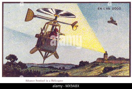 . Englisch: Frankreich im Jahre 2000 (XXI. Jahrhundert). Sentinel Advanced im Helikopter. Frankreich, Papier Karte. Sentinelle avancée en Hélicoptère. Русский: Карточка серии" Франция в 2000 году. Передовой разведчик (наблюдатель на передовой) на геликоптере. 1910. Villemard 215 Frankreich im XXI. Jahrhundert. Hubschrauber Stockfoto