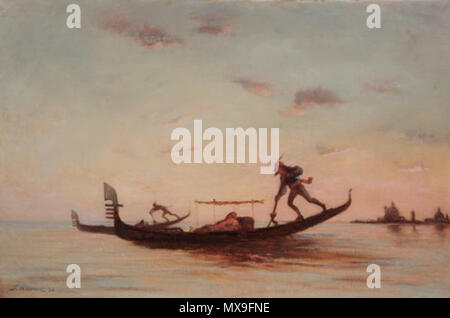 . Artist: Smith, Frank Hill. Amerikanische (1842-1904) Titel: Gondolieri, Venedig Medien: Öl auf Leinwand. Abmessungen: 17 x 25 cm. 'Description: Signiert und datiert unten Links: 'F Hillsmith '73'. Etikett auf Frame verso: 'Subject Venedig/Inhaber Frau John L. Gardner jr./Datum des Darlehens April 26, '80/152 Beacon St'. Auch mit Etikett verso: "Nein. 21". ... Ex-Sammlung Isabella Stuart Gardner. Ausgestellt: Museum der Bildenden Künste, Boston, circa 1880.' -- Childs Galerie. ca. 1873. Smith 250 Gondolieri Venedig Ca 1873 byFrankHillSmith Stockfoto