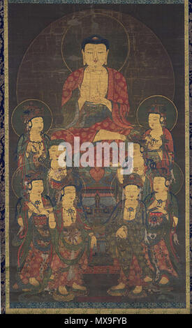 . Englisch: Amitabha und acht großen Bodhisattvas (Amita Gujon) 1300 s hängenden Blättern [1]. ca. 1300 250 Goryeo Buddhistischer Malerei Stockfoto