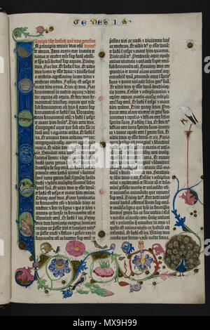 . Englisch: zu Beginn des Buches Genesis in der Gutenberg Bibel - Staatsbibliothek Berlin kopieren. Artwork: 1454. Artwork: Gutenberg; Bild: Staatsbibliothek zu Berlin 260 Gutenberg-Bibel Bd 1 005 r Genesis Stockfoto