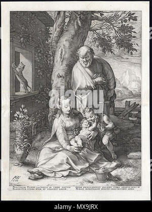 . Français: La Sainte famille où la Vierge assise Au Pied d'un arbre tient entre ses Bras l'enfant Jésus qui caresse St. Jean Taufen (FEUILLE: 395 x 525 mm; Bild: 350 x 475 mm) de la série La Vie de la Vierge (6/6), de Hendrik Goltzius Englisch: Die heilige Familie und St. Johannes Baptist (Blatt: 395 x 525 mm; Bild: 350 x 475 mm), ein Teil der Hendrik Goltzius'-Serie das Leben der Jungfrau (6/6). Zwischen 1593 und 1594. Hendrik Goltzius (1558 - 1617) Alternative Namen Hendrick Goltius, Hendrick Goltz, Hendrick Golzius, Hendrick van Bracht, Hendricus Goltzius, Henricus, Hendrick Goltzius G Stockfoto