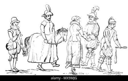 . Rohr und Tabor player, Morris Dancers und hobby horse, aus der Zeit von James I. 1897. William Andrews, Editor. "Gegen Ende der Regierungszeit von James I, Vickenboom malte ein Bild, Richmond Palace, und in ihm ein Unternehmen der Morris - Tänzer bilden eine attraktive Funktion. Die ursprüngliche Malerei umfasst sieben Figuren, bestehend aus einem Dummkopf, Steckenpferd, Piper, Maid Marion und drei Tänzer. Wir geben ein Beispiel für die ersten vier Zeichen und einer der Tänzer, aus einer Zeichnung von Douce, von einer Verfolgung von Grose produziert. Die Glocken auf der Tänzer und der Narr sind deutlich gezeigt." 282 Hobbyho Stockfoto