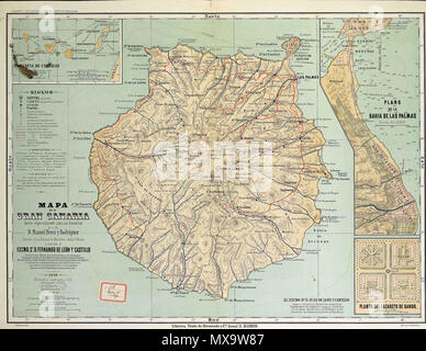 . Ort: Gran Canaria (Isla). Mapas Generales. 1896 Las Palmas de Gran Canaria (Bahia). Planos. 1896 Titel: Mapa de Gran Canaria: Hecho especialmente para las Escuelas/por D. Manuel Pérez y Rodríguez... y dedicado al Excmo. Sr. D. Fernando de León y Castillo; J. Reinoso, lit. Maßstab: Escala [1:133.333] Beschreibung: Descripción: 1 Mapa: Col. ; 46 x 62 cm Hinweise: Escala expresada en otras Unidades. Länge occidental del Meridiano de S. Fernando. - Márgenes graduados. - Entlasten por sombreado Inhalt: Incluye: Provincia de Canarias. - [1:3.278.688]. - 10 x 17 cm. - Plano de la Bahía de las P Stockfoto