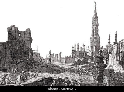 . Français: Tiefdruck d'après un Dessin de Augustin Coppens représentant La Grand Place de Bruxelles Apres Le Bombardement de 1695 par les troupes françaises de Louis XIV, de Vue du Marché aux Herbes vers la rue de la Colline et l'Hôtel de Ville (DÉTAIL). 1. September 2007. Benutzer: Ben 2 252 Grand-Place BXL 1695-01 Stockfoto