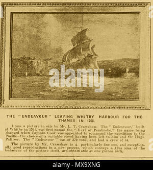 Oktober 1928 Zeitung Ausschnitt aus der Whitby Gazette (Yorkshire, England) zeigt ein Gemälde von Kapitän Cook's Endeavour verlassen Whitby Hafen in 1768 für Plymouth Stockfoto