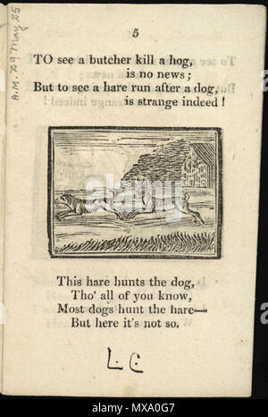 . Hase jagt den Hund. Aus: Die Welt auf den Kopf gestellt oder sind keine Nachrichten, und merkwürdige Nachrichten. Veröffentlichte/Erstellt: York: Gedruckt und von J. Kendrew, Colliergate, [1820?] Siehe auch Http://www.gutenberg.org/files/10965/10965-h/10965-h.htm verkauft. ca. 1820 (?). Diese Datei fehlt, Informationen zum Autor. 267 Hasen jagt den Hund Stockfoto