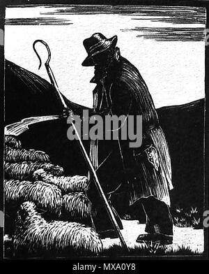 1930 Holz-cut (holzblock oder lino-cut) Hand graviert Bild eines englischen Schäfer und seine Herde von Schafen Stockfoto