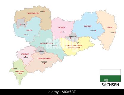 Sachsen administrative und politische Vektorkarte mit Fahne in deutscher Sprache Stock Vektor