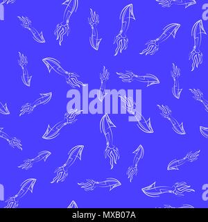 Europäische Squid Silhouette nahtlose Muster auf blauem Hintergrund. Cute Meeresfrüchte. Tier unter Wasser. Sea Monster Stock Vektor