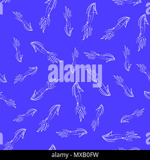 Europäische Squid Silhouette nahtlose Muster auf blauem Hintergrund. Cute Meeresfrüchte. Tier unter Wasser. Sea Monster Stockfoto