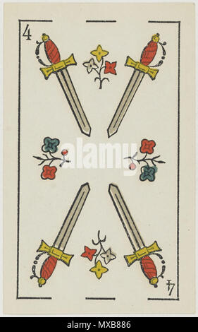 . Englisch: Aluette deck, B. S. Grimaud editor, Frankreich, 1860: Vier der Schwerter. 1860. B. S. Grimaud 316 Jeu d'Aluette - Grimaud - 1860 - Vier der Schwerter Stockfoto