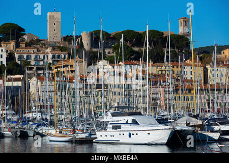 Yachten vor Anker im Hafen von Cannes auf Hintergrund mit Wohnviertel und mittelalterliche Festung Stockfoto