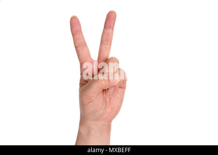 Hand mit zwei Fingern nach oben in der Ruhe oder Sieg Symbol. Stockfoto