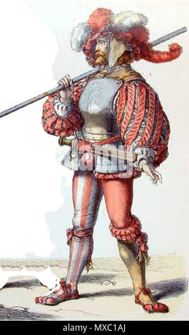 . Englisch: Landsknecht in Mi-parti Nederlands: Landsknecht. Vor 1900. Duitse Onbekende tekenaar in de 19e eeuw 359 Landsknecht 30 jarig oorlog modeprent Stockfoto