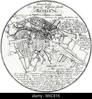 . English: Grundriß der königlichen Residenzstädte Berlin um 1800, kolorierter Kupferstich. Einspritzdruck: 8 cm, Kundennr.: etwa 1:80.000. Deutsch: Karte der Sitz der königlichen Macht Berlin ca. 1800, farbige Kupferstich. 1805. S. Schmidt 392 Karte de Berlin 1800 Stockfoto