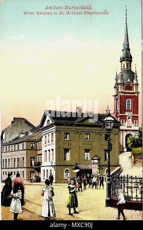 . English: burtscheider Markt mit Blick auf die St. Michael-Pfarrkirche und das Hotel "neubad". Im Vordergrund befindet sich der öffentlichen Thermalwasserbrunnen. 1905. Unbekannt 106 Burtscheid Neubad Laufbrunnen 1905 Stockfoto